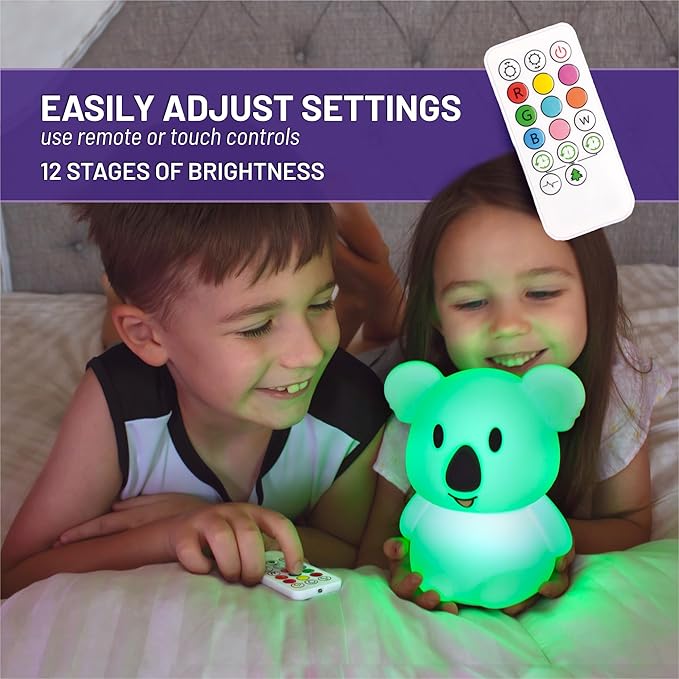 LumiPets Keith the Koala Squishy Night Light for Kids | Silicone Lamp with Tap & Remote Control | Rechargeable, 9 Color Changing Animal Night Light for Boys & Girls | Portable Nightlight With USB Cord - Bloomnest