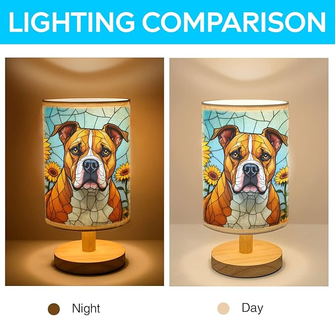 Staffordshire Bull Terrier Table Lamp LED 3-Color Pressed Bedside, Dog Shade Lamp with Wood Base for Bedroom Living Room Desk Office - Bloomnest