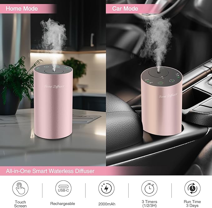 Waterless Essential Oil Diffuser Starter Kit - No Water Needed, Battery Operated Mini Scent Air Machine, Included 3x20ML Essential Oils, Portable Aromatherapy Diffuser for Home & Car & Office, Pink - Bloomnest