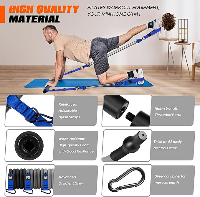 Pilates Bar Kit with Resistance Bands, Heavy Duty Pilates Equipment for Men, Strength Training Bar for Legs, Hip, Back, Arm, Abs, Chest, Shoulders, Portable Home Gym Full Body Workout Equipment - Bloomnest