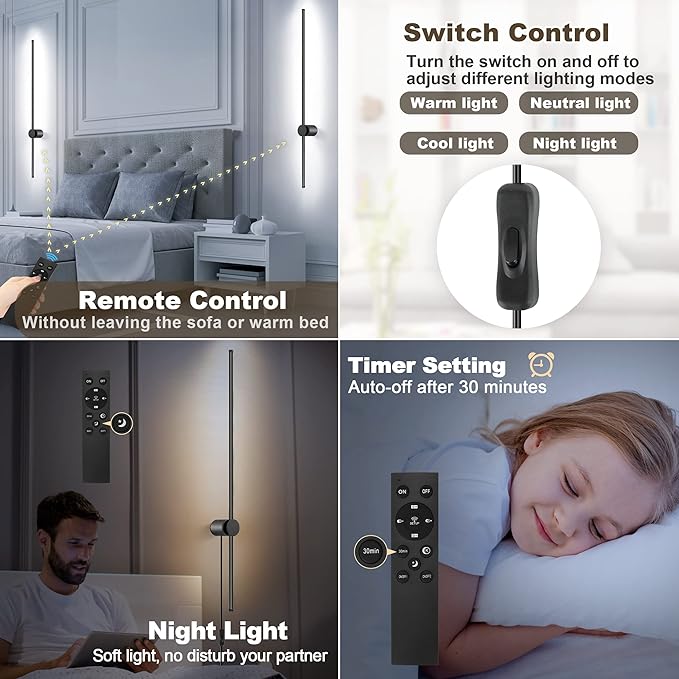 Wall Sconces Set of Two with Remote, Stepless Colors 3000K-6500K & Stepless Dimming, Hardwire or Plug-in, 180° Rotate, LED Black Plug in Wall Sconces with Timer & Night Light, 39.4 Inches - Bloomnest