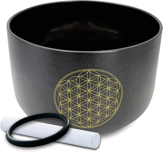 11" C Note Crystal Singing Bowl Black Life of Flower Root Chakra Quartz Singing Bowl Meditation Sound Healing with Suede Striker O-ring