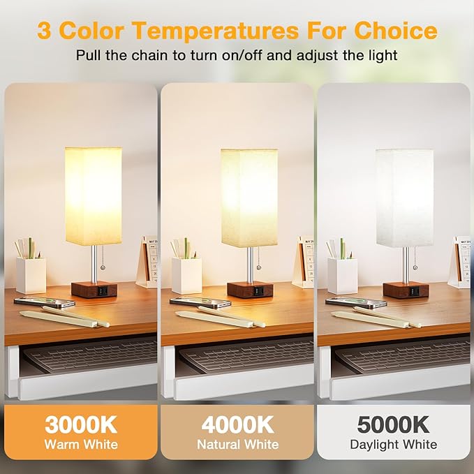 aooshine Red Brown Small Table Lamp for Bedroom - 3 Color Temperature 3000K 5000K 4000K Bedside Lamp, Pull Chain Control, USB A and C Ports, Pure Gold Color Base, Bulb Included - Bloomnest