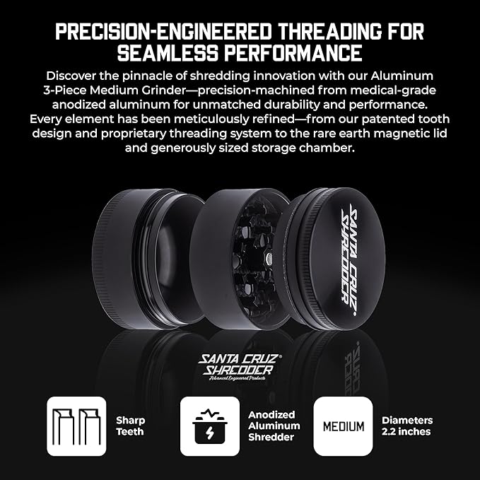 Santa Cruz Shredder Herb Grinder 3 Piece Medium 2 1/8" Superior Grip and Aluminium (Black) - Bloomnest