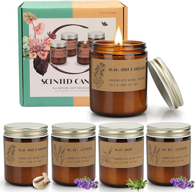 Aromatherapy Candles for Home Scented, Candle Gift Set for Stress Relief | Meditation | Yoga | SPA | Relaxing, Amber Jar Candles for Women, Birthday, Valentine, Mother's Day, 7.1 oz - Pack of 4 - Bloomnest