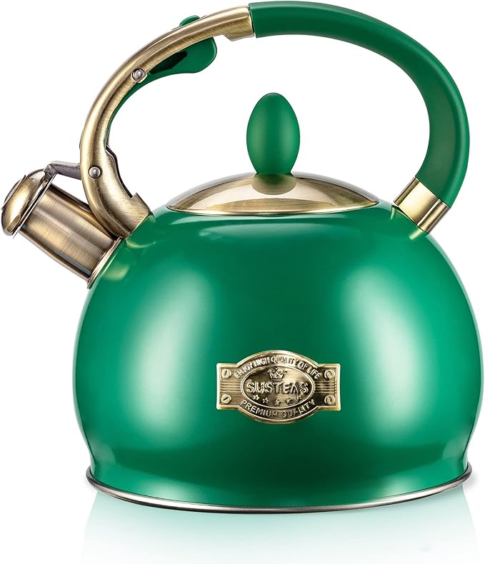 SUSTEAS Stove Top Whistling Tea Kettle - Food Grade Stainless Steel Teakettle Teapot with Cool Touch Ergonomic Handle, With 1 Silicone Pinch Mitt Included, 2.64 Quart (Green) - Bloomnest