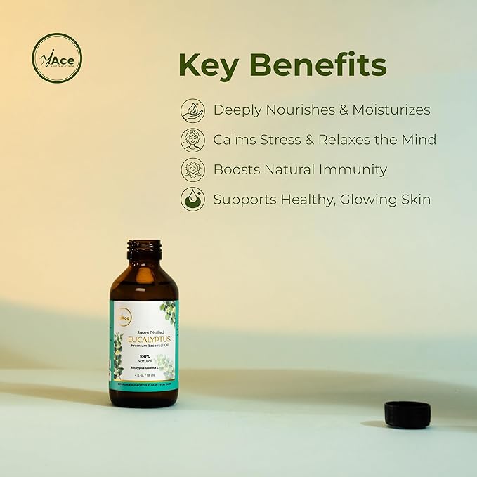 My Ace Eucalyptus Essential Oil – 100% Pure & Natural, Steam-Distilled, Undiluted Oil for Diffuser, Aromatherapy, Massage, Candle & Soap Making – Amber Glass Bottle with Dropper – 4 fl oz MyAce