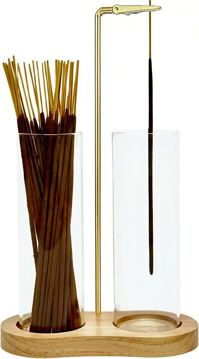 Glass Incense Holder, Incense Sticks Burner Holder with Storage,Hang Upside Down Incense Holder for Sticks with Glass Ash Catcher for Meditation Yoga Spa Room Decor (Natural) - Bloomnest