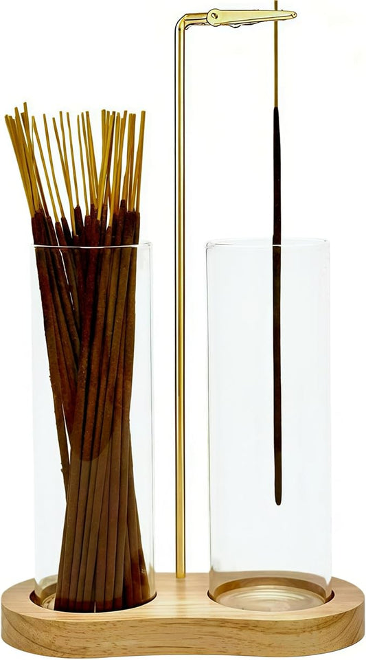 Glass Incense Holder, Incense Sticks Burner Holder with Storage,Hang Upside Down Incense Holder for Sticks with Glass Ash Catcher for Meditation Yoga Spa Room Decor (Natural) - Bloomnest