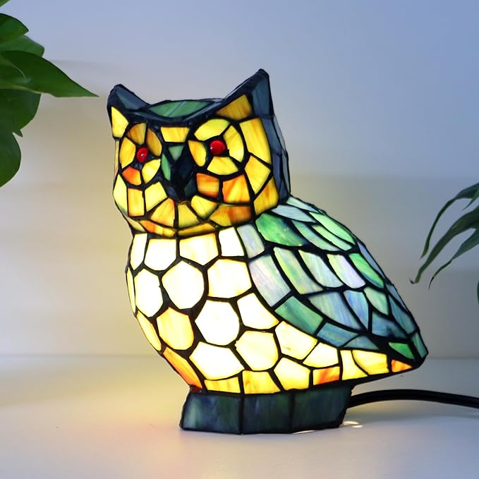 Tiffany Owl Lamp Blue and Green Stained Glass Animal Table Lamp Accent Lamp - Bloomnest