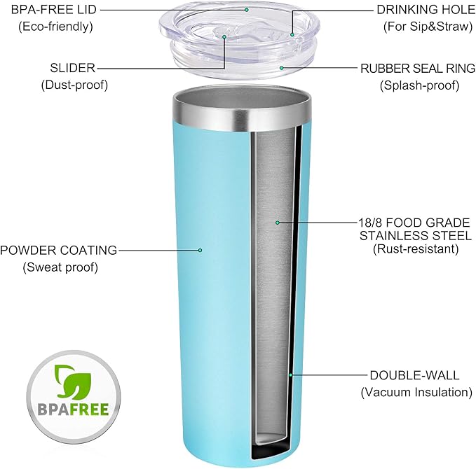 VEGOND Stainless Steel Tumblers Bulk 6 Pack, 20 oz Vacuum Insulated Skinny Tumblers with Lid and Straw, Double Wall Coffee Mug, Travel Water Cup, Blue - Bloomnest