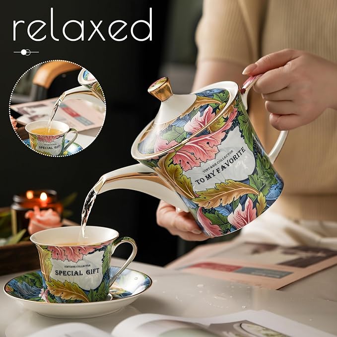 ACMLIFE Tea Cup and Saucer Set for 1, Vintage Floral Bone China Tea Cup Set with Saucer 24K Gold, Porcelain Tea Cup with Spoon and Gift Box, 6.8 oz (Green) - Bloomnest