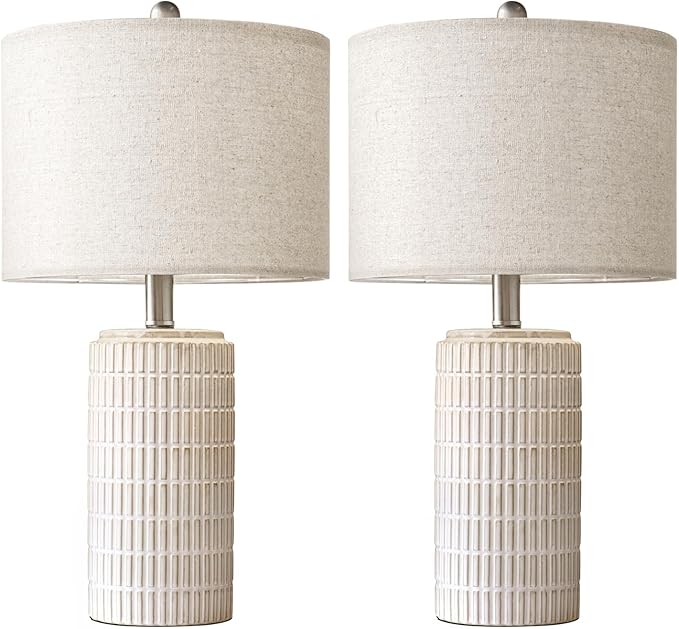 PoKat 24" Modern Ceramic Table Lamps Set of 2 for Bedroom, White Bedside Lamps for Night Stands, Farmhouse Desk Decor Nightstand Table Lamps for Living Room End Table Beige - Bloomnest