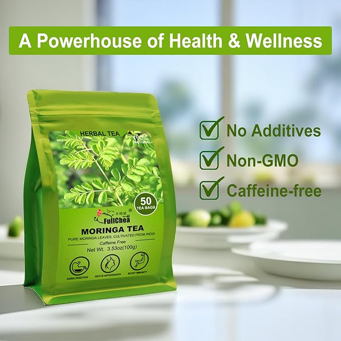 FullChea - Moringa Tea, 50 Teabags - Pure & Natural Moringa Leaves, Cultivated From India - Herbal Tea for Supporting Digestion & Immune System - Non-GMO - Caffeine-free - Bloomnest