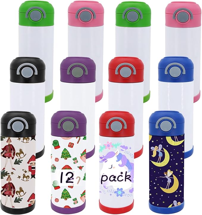 12 Pack 12 OZ Sublimation Straw Sippy Cup Spill Proof Blank Tumblers Mixed Color Stainless Steel Thermoses for Hot Drinks Double Wall Vacuum Insulated Water Bottle for School (12) - Bloomnest