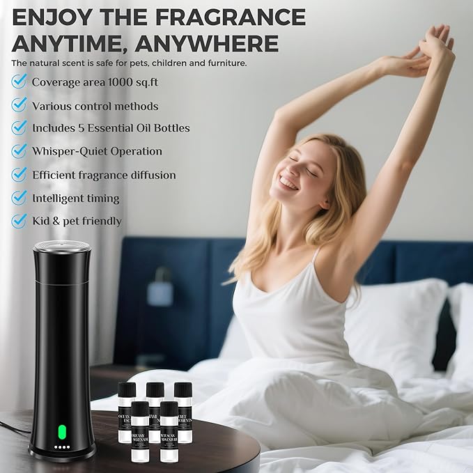 Hotel Scent Diffuser Starter Kit - 1500 Sq Ft Coverage, Hotel Scents Collection, Suitable for Waterless Diffuser Large Room, Contains Five Aromatherapy Essential Oils, Remote Control, Black - Bloomnest