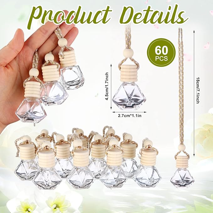 60 Pcs Hanging Car Air Freshener Car Diffuser Bottle Empty Glass Perfume Bottles Air Freshener Diffuser Bottle Pendant for Essential Oils Fragrance Aromatherapy Ornament Decor (Classic Style) - Bloomnest