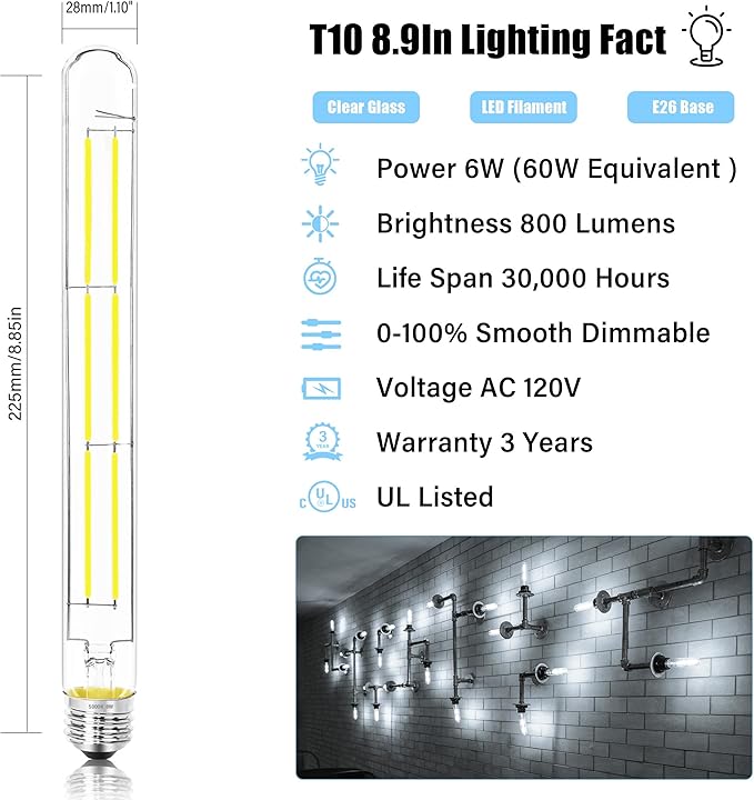 8.9IN LED Light Bulbs E26 Base, 6W 800LM 5000K Daylight White T10 T9 Vintage Edison Bulbs Dimmable, AC 120V Equal 80 Watt Clear Glass Long Tubular Filament Bulb, UL Listed - 2Pack - Bloomnest