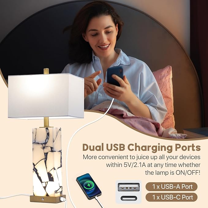 Natural Marble Table Lamps Set of 2: 3-Color Temperatures Alabaster Lamp with Nightlight, Bedside Lamps with USB Ports, Bedroom Lamps for Night Stands End Table Lamps for Living Room, Bulbs Included - Bloomnest