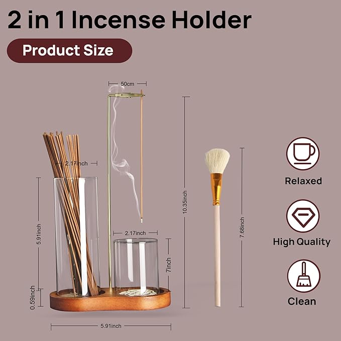 2 in 1 Incense Holder for Sticks with Glass Ash Catcher, Anti-ash Incense Burner for Yoga Meditation Spa Room Decor, Includes Ash Brush
