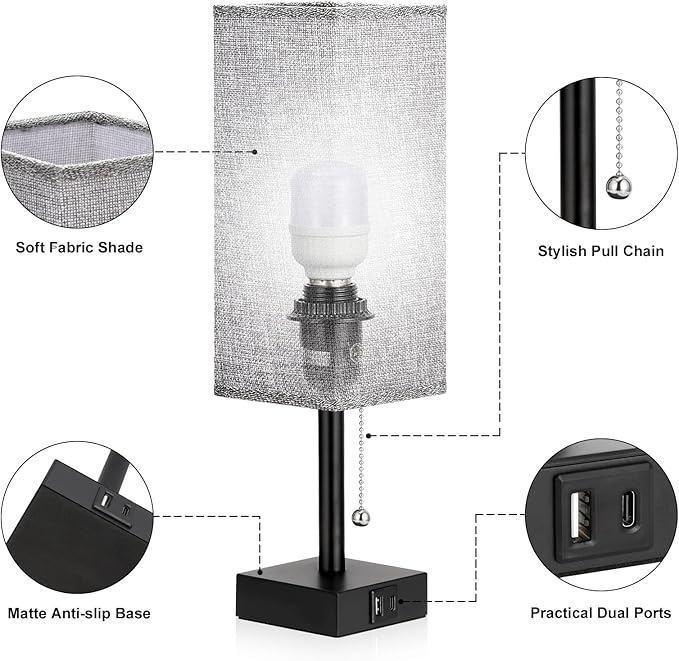 Bedside Table Lamps Set of 2 - Gray Bedroom Lamps with 3 Color Temperatures (3000K/5000K/4000K), Square Nightstand Light with USB C + A Charging Ports, Pull Chain Small Night Light - Bloomnest