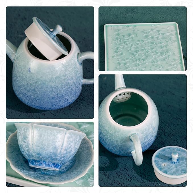 KAMMAK Tea Set Porcelain Tea Pot and Tea Cups Set, Blue and Green Gradient Asian Ceramic Tea Cups and Saucers Set, Chinese Gong Fu Tea Set (2 Saucer+ 2 Cups +1 Tea Pot + 1 Square Plate) - Bloomnest