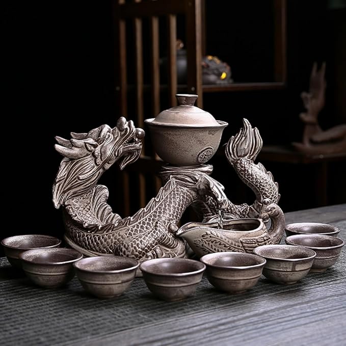 Chinese Gongfu Tea Set - Ceramic Teapot with Infuser, 8 Cups, Semi Automatic Dragon Design for Loose Leaf Tea