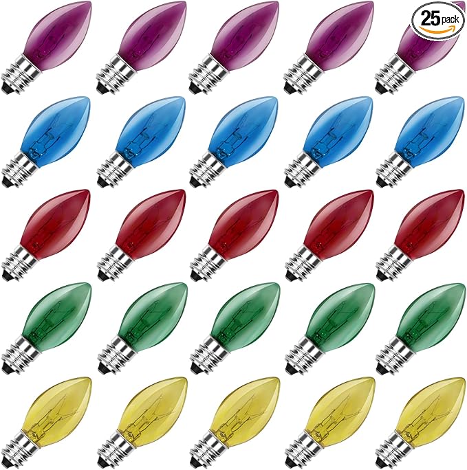 SUNSGNE C7 Multicolor Christmas Replacement Bulbs, Clear Multicolor Incandescent Light Bulbs for C7 Outdoor Patio Christmas String Lights, E12 Candelabra Base, 5 Watt, 25 Pack - Bloomnest