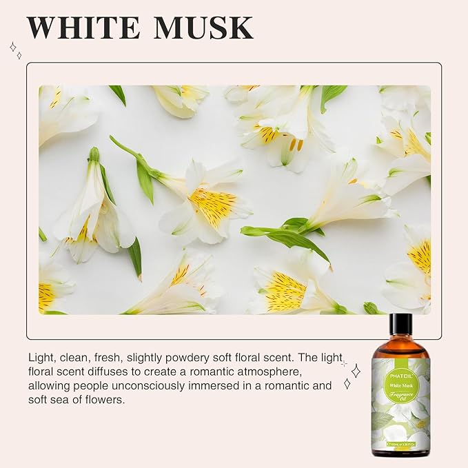 100ML/3.38fl.oz White Musk Fragrance Oils, PHATOIL White Musk Oil for Diffuser, Humidifier, Scented Oils for DIY Soap, Candle Making with Premium Glass Dropper PHATOIL
