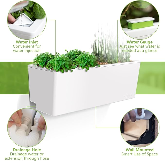 Glowpear Self Watering Planter Box - 23.6", White - UV Stable, Scalable Wall Mounts Plant Pot with Water Gauge, Indoor Outdoor for Vegetables, Flowers, Herbs, and Succulents, Gardening - Bloomnest