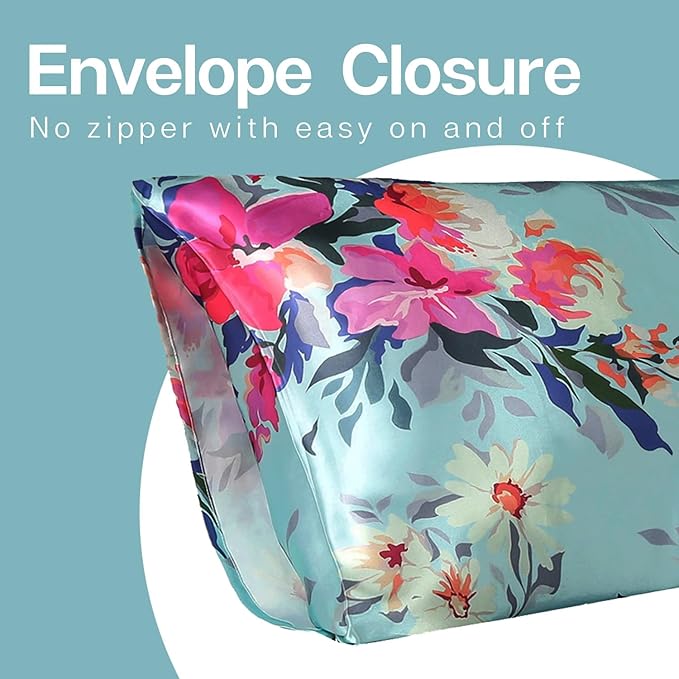 MR&HM Satin Body Pillow Cover, Soft and Breathable Body Pillow Case with Envelope Closure, Cooling and Silky Long Pillowcase for Hair and Skin,Grey (20x54, Floral Green) - Bloomnest