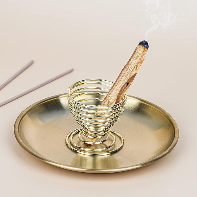 ZenBless 5 in 1 Incense Burner, Palo Santo Holder, Sage Holder, Incense Sticks/Coil/Cones, 5.5 inches Brass Ash Catcher for Meditation Yoga Room (Gold_2pcs) ZenBless