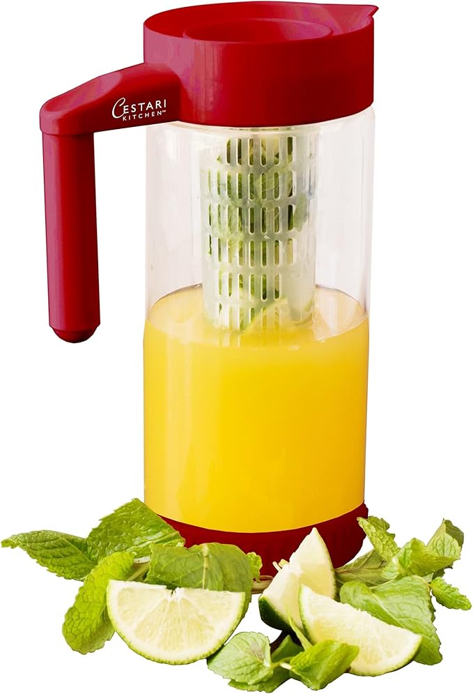 Glass Water Infusion Pitcher | BPA Free Fruit Infuser | Premium Borosilcate Glass for Hot and Cold Liquids | Infuse Iced Tea, Coffee, Water, Juice, Vodka, Tequila - Cestari Infuser, Red 44 ounces - Bloomnest