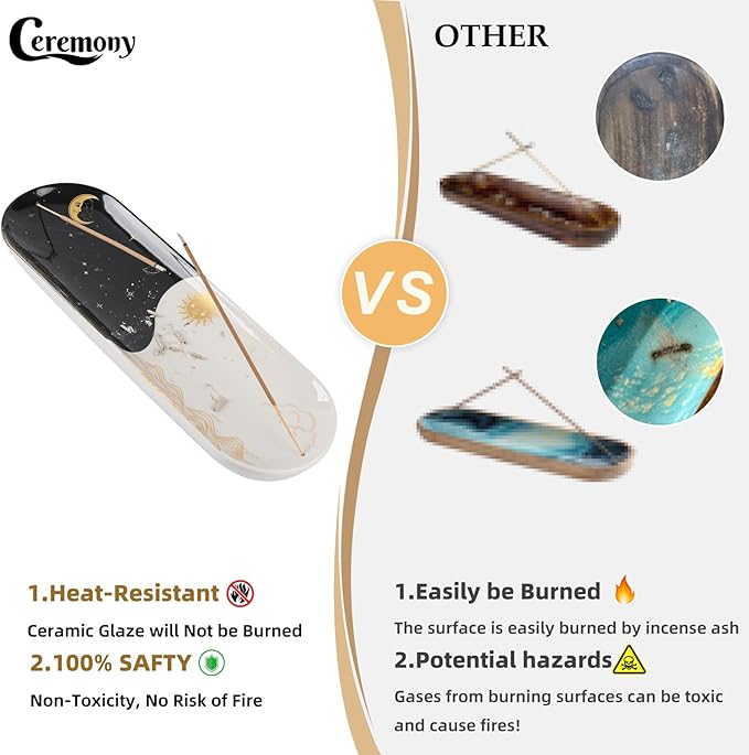 CEREMONY Incense Holder for Sticks, Ceramic Incense Burner with 60 Incense Sticks for Sage Palo Santo, Heat-Resistant Insence-Stick Holder for Backflow Incense Cones Meditation Yoga Spa Room Decor