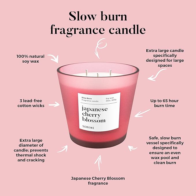 Hidden Label Large Scented Candle, Japanese Cherry Blossom, 30oz 3 Wick Huge Candle, Serene Collection Slow Burn Natural Soy Candles for Home Scented - Bloomnest