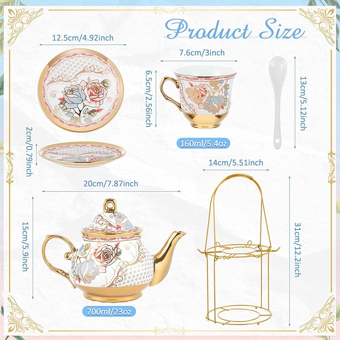 Zhehao 20 Pcs Porcelain Tea Set with Metal Holder and Spoon Adult Ceramic Tea Set European Flower Painting Teapot Cup Saucer Spoon for Women, Large Version(Minimalist Style) - Bloomnest