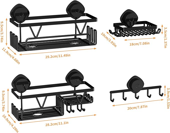 KEGII Shower Caddy Suction Cup, 4 Pack Suction Shower Shelf with Towel Rack No Drilling, Removable Shower Organizer with Hooks & Soap Holder, Space-Saving Bathroom Storage (Black) - Bloomnest