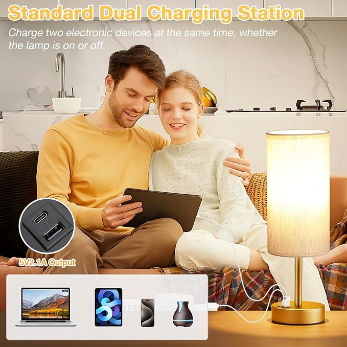 Small Touch Bedside Lamp with USB - 3 Way Dimmable Gold Table Lamp for Bedroom, Nightstand Lamp with Gold Charging Station for Desk Dorm, Office - Bloomnest
