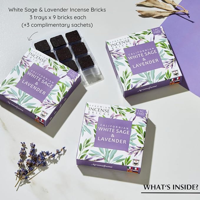 White Sage and Lavender Incense Bricks by Aromafume | 3x9 Bricks | Sage Incense for Cleansing Negative Energy & Protection | Sage for Smokeless Smudging & Spiritual Cleansing | Refill Pack Aromafume