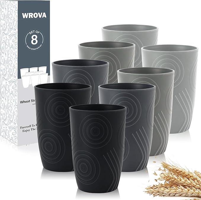 Wrova Wheat Straw Cups 16oz set of 8 with Etched Pattern - Alternative Plastic Cups Dishwasher Safe - Plastic Drinking Cups Unbreakable for Kids - Black to Grey - Bloomnest