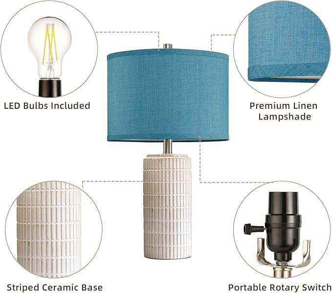 23" Modern Ceramic Nightstand Table Lamps Set of 2, Nautical Lamps for Bedroom Bedside, Side Table Lamps for Living Room, Dining Room, Office, 2 LED Bulbs Included (Blue) - Bloomnest