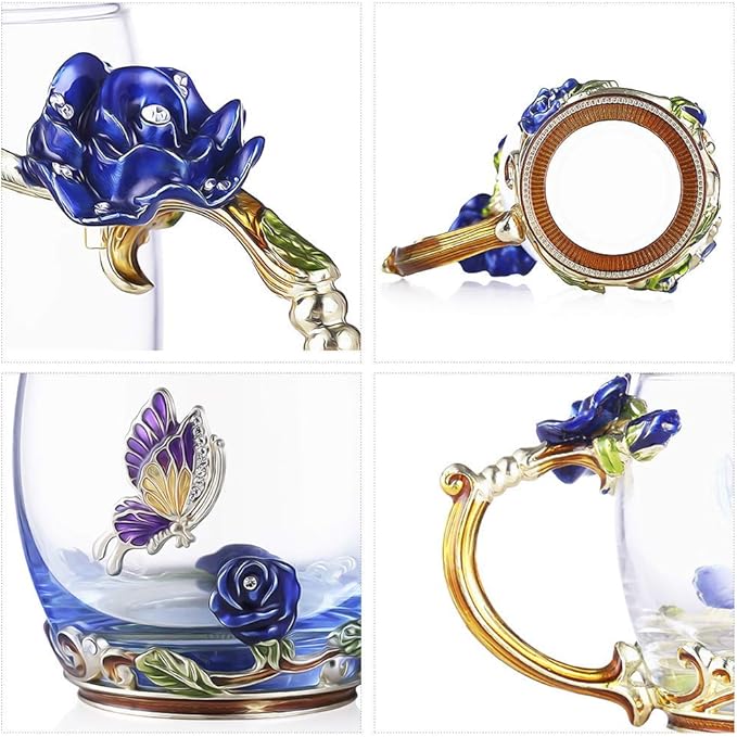 Luka Tech Enamels Butterfly flower Lead-free Glass Coffee Mugs Tea Cup with Steel Spoon, personalised Gifts For Women Wife Mom Friends Birthday Mothers Valentines Day Wedding (Blue) - Bloomnest