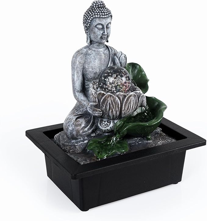 Buddha’S Lotus Tabletop Indoor Fountain for Home Decor Spiritual Decor for Home Office & Meditation Spaces (Height: 28 Cm) Black with Free Type-A Adapter - Bloomnest