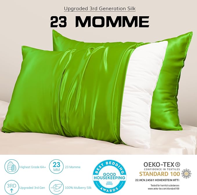 PROMEED 23 Momme Silk Pillowcase 2 Pack with Zipper, 3rd Gen Grade 6A+ 100% Mulberry Silk Pillow Case Set of 2,Silk Cooling Pillow Cases for Hot Sleepers (King 20"x36", Green) - Bloomnest