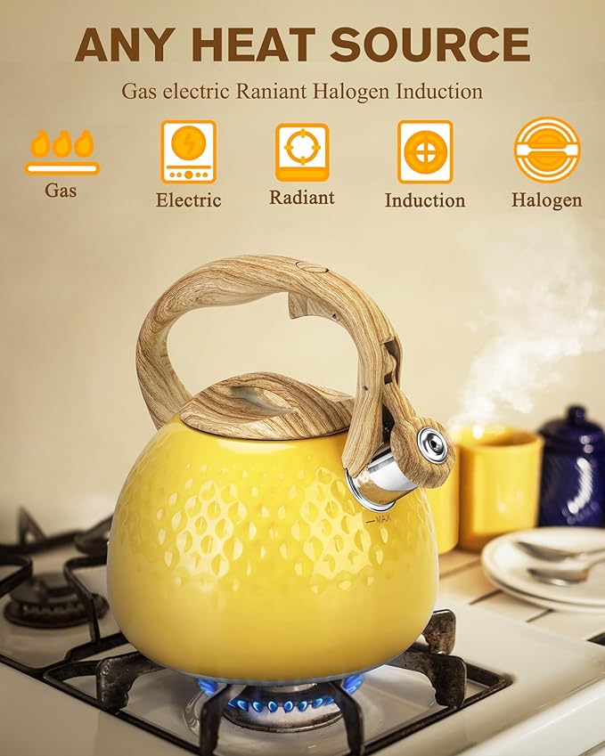 Tea Kettle, Stovetop Teapot, 2.5 Quart, Loud Whistle, Food Grade Stainless Steel and Smooth Wood Pattern Handle, Sophisticated Look for Hiking, Picnic, for Tea, Coffee, (Yellow) - Bloomnest