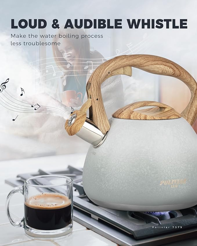 POLIVIAR Tea Kettle, 2.7 Quart Stovetop Tea Kettle, Audible Whistling Teapot with Crackle Finish, Food Grade Stainless Steel for Anti-Rust, Anti Hot Handle, Suitable for All Heat Sources (JX2023-LYW) - Bloomnest