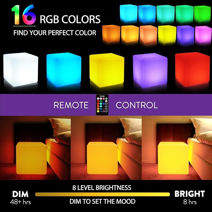 Mr.Go 16-Inch Rechargeable LED Cube Chair Light, 16 RGB Colors Glow Cube Seat w/Remote, Waterproof LED Cube Table, Color Changing Cubes Floor Lamp, Home Bedroom Patio Party Decorative Lighting - Bloomnest