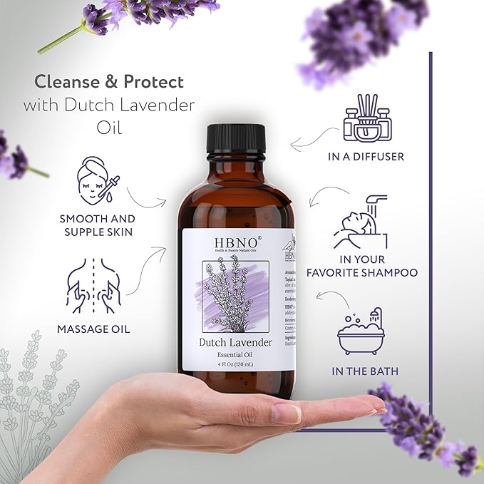 HBNO California Bottled Dutch Lavender Essential Oil 4 fl oz (120ml) - Natural Lavender Oil for Skin, Perfect for Cleaning, Aromatherapy, DIY & Diffuser - Bloomnest