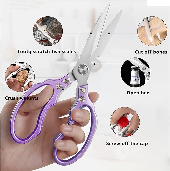 AWinjoy Heavy Duty Sharp Kitchen Scissors, Dishwasher Safe, Cooking Shears for Meat, Chicken, Fish, Poultry, Herb, Bread (Purple) - Bloomnest