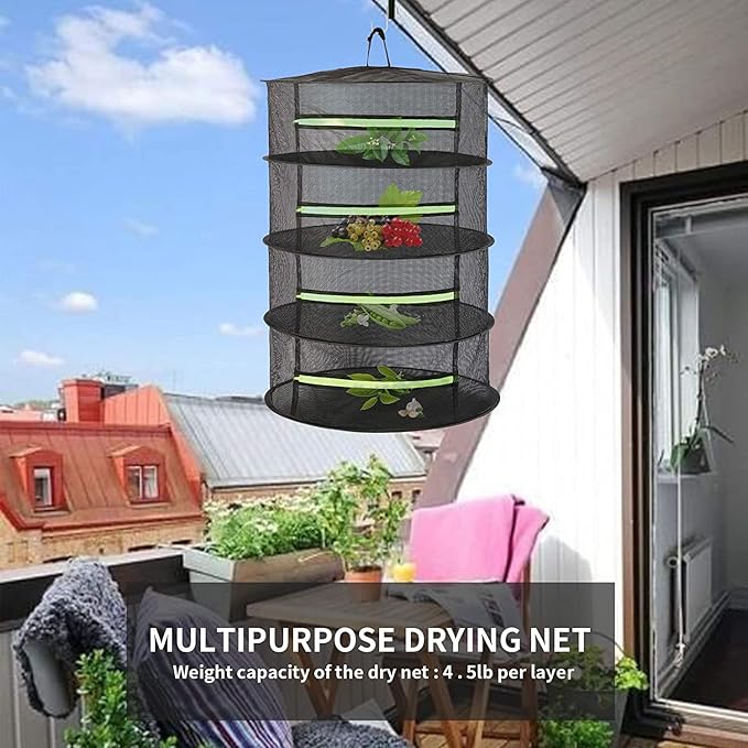 2ft 4-Layer Herb Drying Rack with Zipper, Collapsible Hanging Mesh Plant Dryer Net Basket with Garden Gloves, Pruning Scissors & Hook for Drying Seed, Bud, Hydroponic Plants - Bloomnest